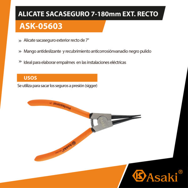 Alicate Sacaseguro Asaki 7" 180mm Exterior Recto - Imagen 2