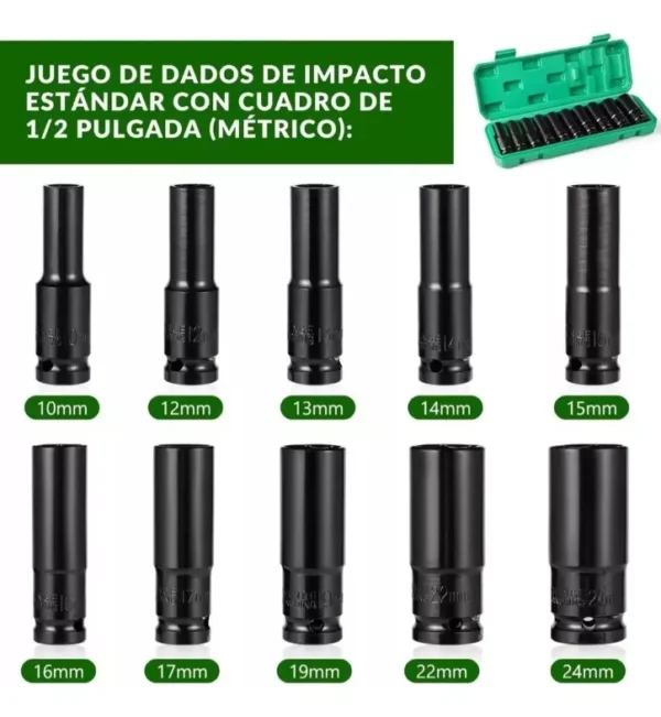 Set de Dados de Impacto 1/2 10 Piezas de 10mm a 24mm