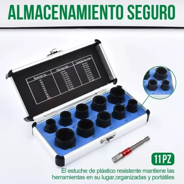 Set Dados Extractor de Pernos y Tuercas Rodadas 9mm a 19mm