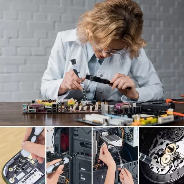 Este kit de destornilladores 115 en 1 es la herramienta ideal para reparaciones de precisión en electrodomésticos, dispositivos electrónicos y otros equipos como teléfonos, tablets, computadoras, relojes, consolas de juegos y más. Características principales: ✅ 100 puntas intercambiables y 15 accesorios de desmontaje. ✅ Fabricadas en acero al cromo vanadio de alta calidad (55-60HRC) para mayor durabilidad. ✅ Diseño ergonómico con mango antideslizante y puntas magnéticas para mayor precisión. ✅ Caja portátil y resistente para fácil almacenamiento y transporte. ✅ Compatible con Apple, Samsung, Huawei y otros dispositivos electrónicos. Accesorios incluidos: 🔹 98 puntas de destornillador en diversos formatos: Phillips, Torx, Hexagonal, Triángulo, Pentalobe y más. 🔹 2 palancas de plástico, 6 herramientas de apertura en triángulo. 🔹 1 eje de extensión flexible y 1 eje de extensión duro. 🔹 1 pinza de precisión y 1 herramienta magnética para recoger tornillos. 🔹 1 pin de tarjeta SIM y más. Kit Juego de destornilladores 115 en 1
