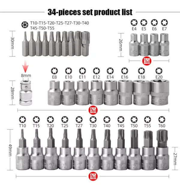 Juego Dados Torx Estrella 3/8 Hembra Macho 34 Pcs