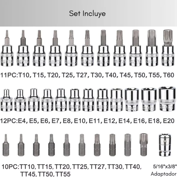 Juego Dados Torx Estrella 3/8 Hembra Macho 34 Pcs