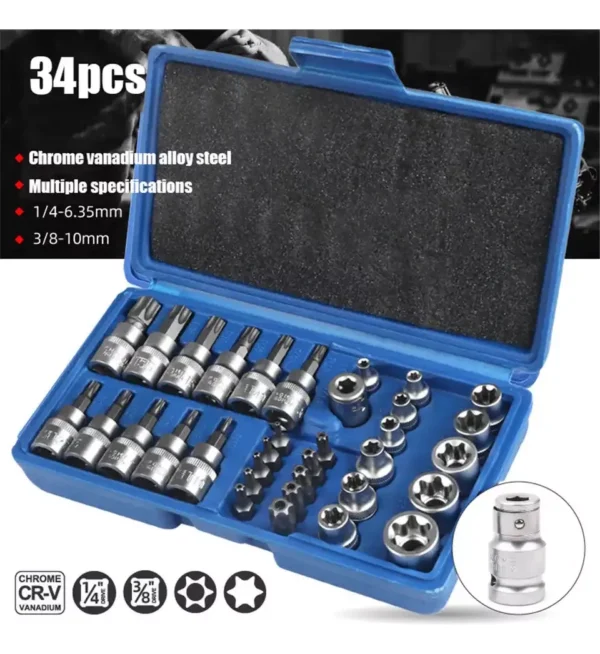 Juego Dados Torx Estrella 3/8 Hembra Macho 34 Pcs