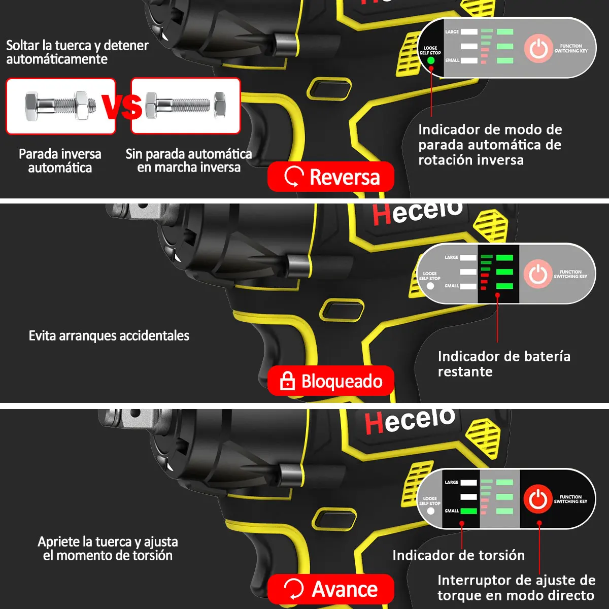 Pistola Llave de Impacto Inalámbrica Hecelo 420Nm + 2 Baterías 15 Celdas + Kit Accesorios - Imagen 3